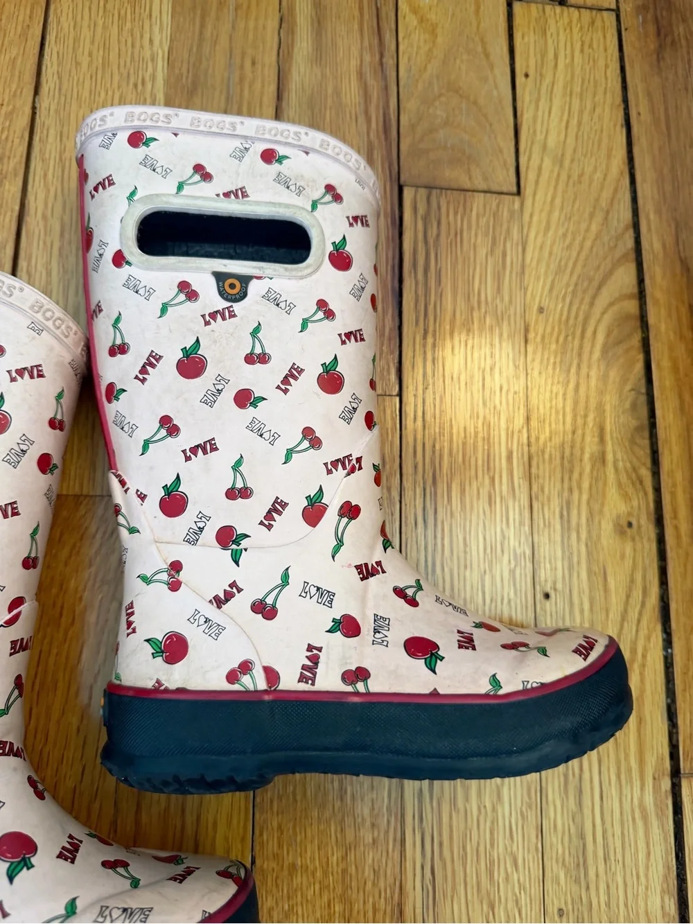 Bogs Kids Pink Cherry Handle Rain boots size 10